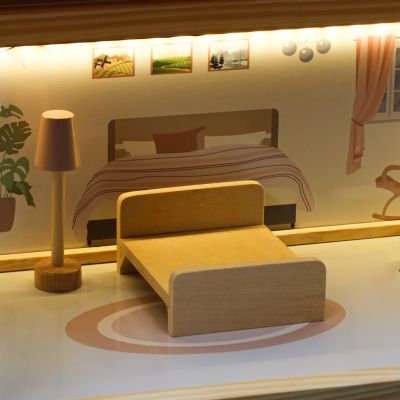 Medinis lėlių namas su baldais 78cm rožinės spalvos LED - 11