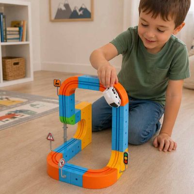 Magnetinės statybinės kaladėlės lenktynių bėgių traukinys 65 elementai