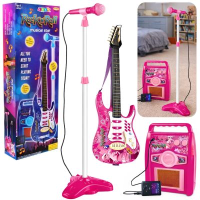 Rožinė elektrinė gitara su mikrofonu ir stiprintuvu