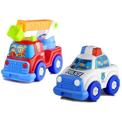 Transporto priemonių rinkinys: policijos automobilis, gaisrinė mašina, automobilių transportavimo priekaba, atsukimas - 4