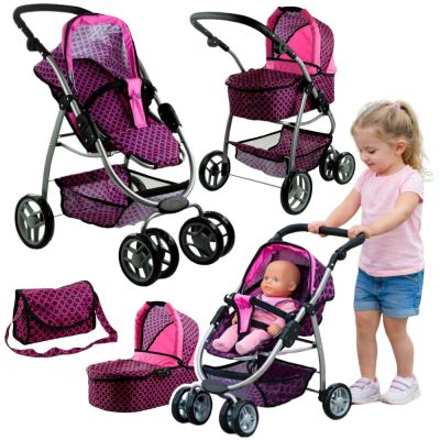„2-in-1“ lėlės vežimėlis „Alice“ – rožinis su juodais taškeliais