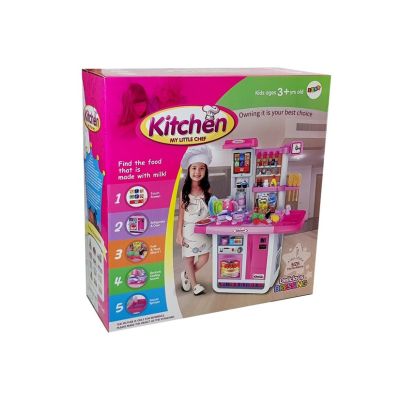 Rožinė virtuvė su maisto produktais ir kitais priedais - 9