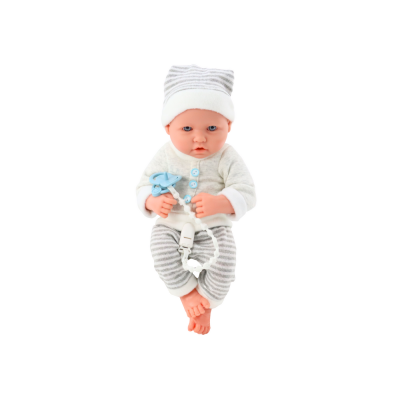 Baby doll in white and gray striped clothes, hat, pacifier, quilt - 2