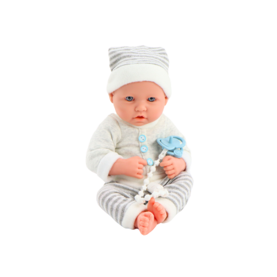 Baby doll in white and gray striped clothes, hat, pacifier, quilt - 3