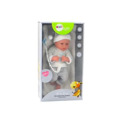 Baby doll in white and gray striped clothes, hat, pacifier, quilt - 4