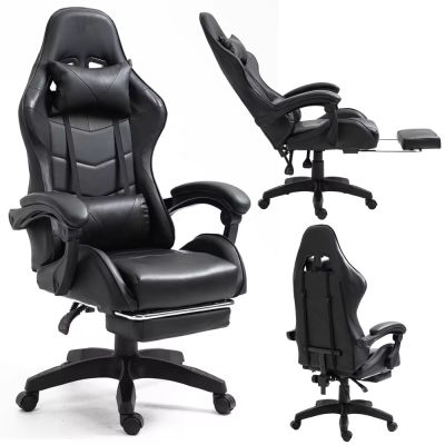 LEAN Swivel Office Gaming Chair with Footrest and Cushions, Black