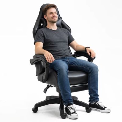 LEAN Swivel Office Gaming Chair with Footrest and Cushions, Black - 3
