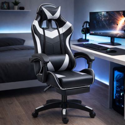 LEAN Swivel Office Gaming Chair with Footrest and Cushions, Black and White - 4