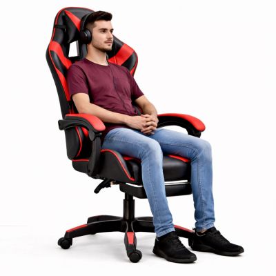 LEAN Swivel Office Gaming Chair with Footrest and Cushions, Black and Red - 3