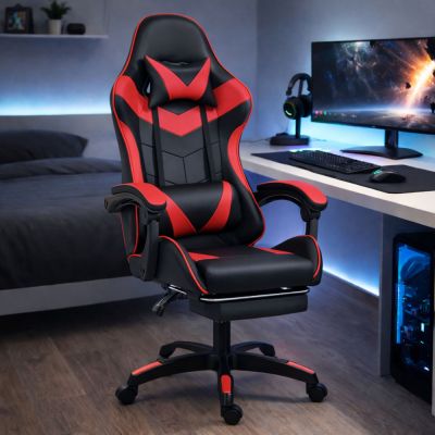 LEAN Swivel Office Gaming Chair with Footrest and Cushions, Black and Red - 4