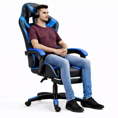 LEAN Swivel Office Gaming Chair with Footrest and Cushion, Black and Blue - 3