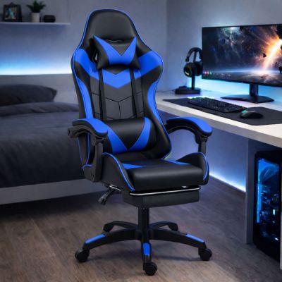 LEAN Swivel Office Gaming Chair with Footrest and Cushion, Black and Blue - 4