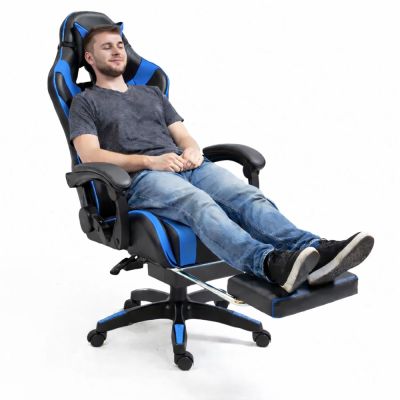 LEAN Swivel Office Gaming Chair with Footrest and Cushion, Black and Blue - 7