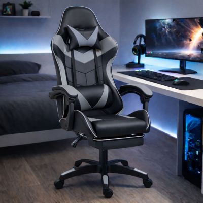 LEAN Swivel Office Gaming Chair with Footrest and Cushions Black and Gray - 4