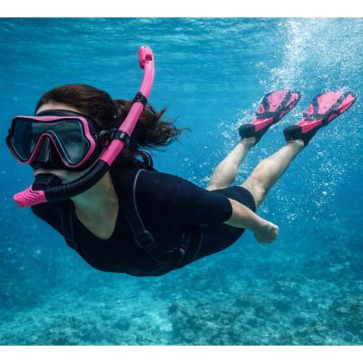 Snorkeling Set, Fins, Glasses, Snorkel, Black and Pink, S/M - 2