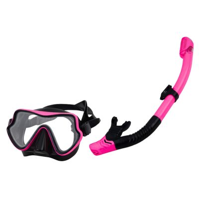 Snorkeling Set, Fins, Glasses, Snorkel, Black and Pink, S/M - 3
