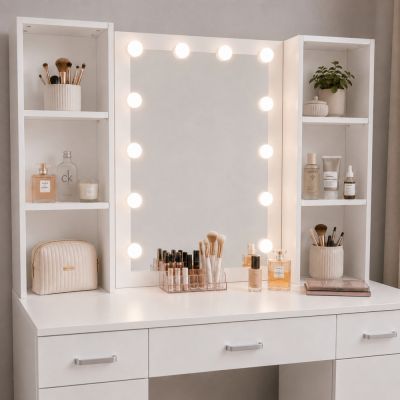 Kosmetinis tualetinis staliukas su LED veidrodžiu 141x114x39 cm - 5