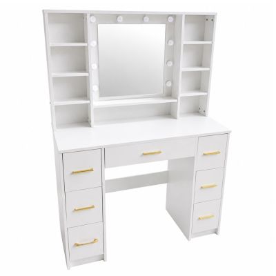 Large Dressing Table Mirror with LED Light, Shelves, 7 Drawers, White, 140x100x40 cm - 2