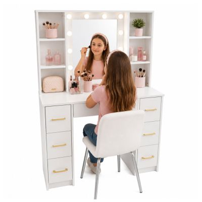 Large Dressing Table Mirror with LED Light, Shelves, 7 Drawers, White, 140x100x40 cm - 3