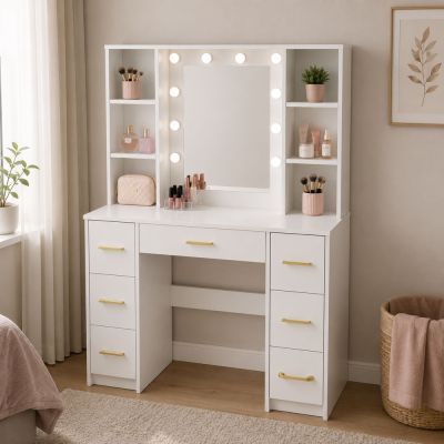 Large Dressing Table Mirror with LED Light, Shelves, 7 Drawers, White, 140x100x40 cm - 4