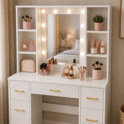Large Dressing Table Mirror with LED Light, Shelves, 7 Drawers, White, 140x100x40 cm - 6