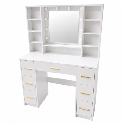 Large Dressing Table Mirror with LED Light, Shelves, 7 Drawers, White, 140x100x40 cm - 7