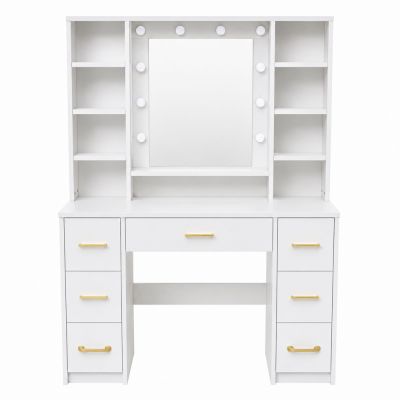 Large Dressing Table Mirror with LED Light, Shelves, 7 Drawers, White, 140x100x40 cm - 8