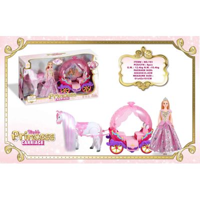 Rožių vežimėlis su baltu žirgu + princesės lėlė