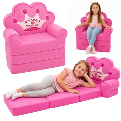 Reclining Armchair Sofa Lounger with Crown 2in1 For Children Soft Pink