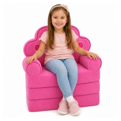 Reclining Armchair Sofa Lounger with Crown 2in1 For Children Soft Pink - 2
