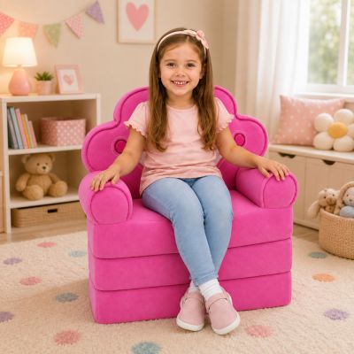 Reclining Armchair Sofa Lounger with Crown 2in1 For Children Soft Pink - 3